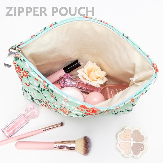 PAZIMIIK Makeup Bag Large Cotton Zipper Pouch for Purse Travel Canvas Make Up Organizer for Women Cosmetic,Brocade Green