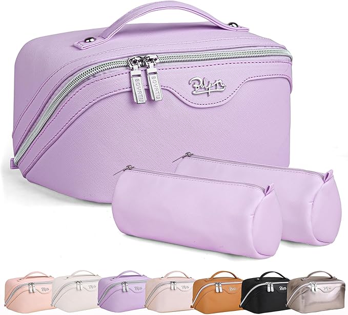 BOYATU Travel Makeup Bags for Women: Vegan Leather Cosmetic Bag Set of 3 - Large Capacity Make up Bag with Divider - Wide Open Waterproof Toiletry Organizer Bag with Handle (05-Purple)
