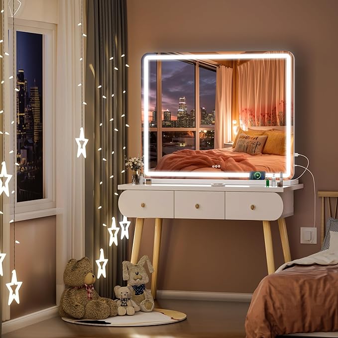 Hasipu Vanity Mirror with Lights, 39.4" x 30" LED Makeup Mirror, Lighted Makeup Mirror with Dimmable 3 Modes, Touch Screen Control Vanity Mirror Round White