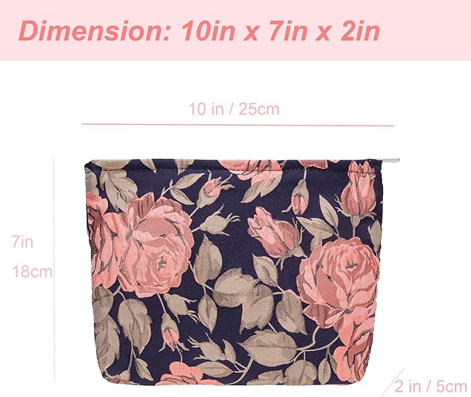 PAZIMIIK Makeup Bag Large Cotton Zipper Pouch for Purse Travel Canvas Make Up Organizer for Women Cosmetic,Rose Black Blue