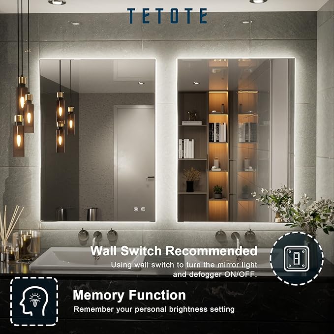 TETOTE 20 x 28 LED Backlit Bathroom Mirror with Light,3Color White/Warm/Natural,Anti-Fog Lighted Mirror,Dimmable,Vanity Mirror,Wall Mounted