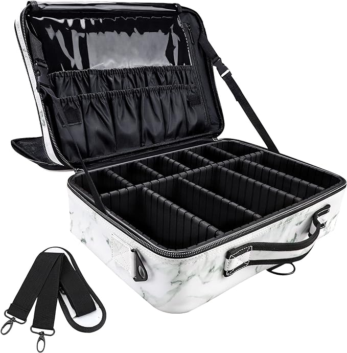 JOURMON Travel Makeup Case Portable Makeup Train Case Organizer Cosmetic Bag with Adjustable Dividers and Shoulder Strap for Makeup Brushes Toiletry Travel Accessories(Marble White Black, L)
