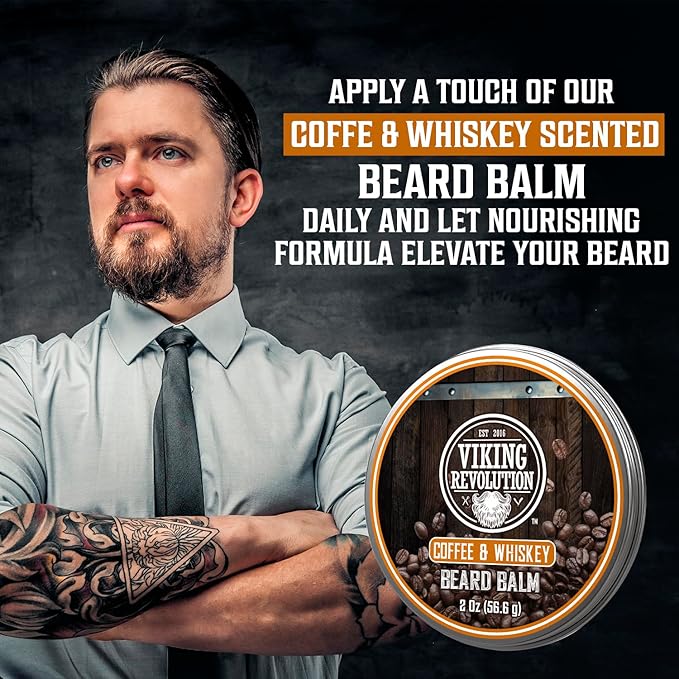 Viking Revolution Coffee Whiskey Beard Balm for Men - Beard Butter for Men with Argan Oil and Jojoba Oil Softener and Moisturizer Styling Balm (1 Pack, 2oz)
