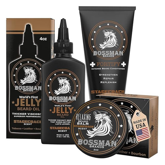 Bossman Essentials Beard Kit for Men, Set of 3 - Beard Oil Jelly, Fortifying Conditioner Cream, Beard Balm - Grooming Growth Care Accessories (Stagecoach)