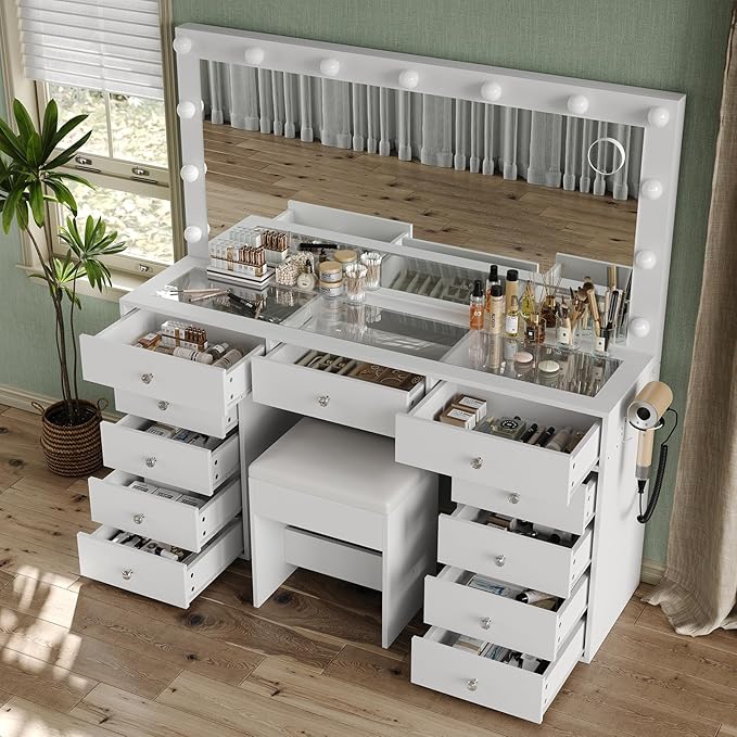 11 Drawers Makeup Vanity with Charging Station, Vanity Desk with 13 LED Bulbs and HD Mirror, 3 Color Brightness Adjustable, Glass Top Vanity Set for Bedroom, White