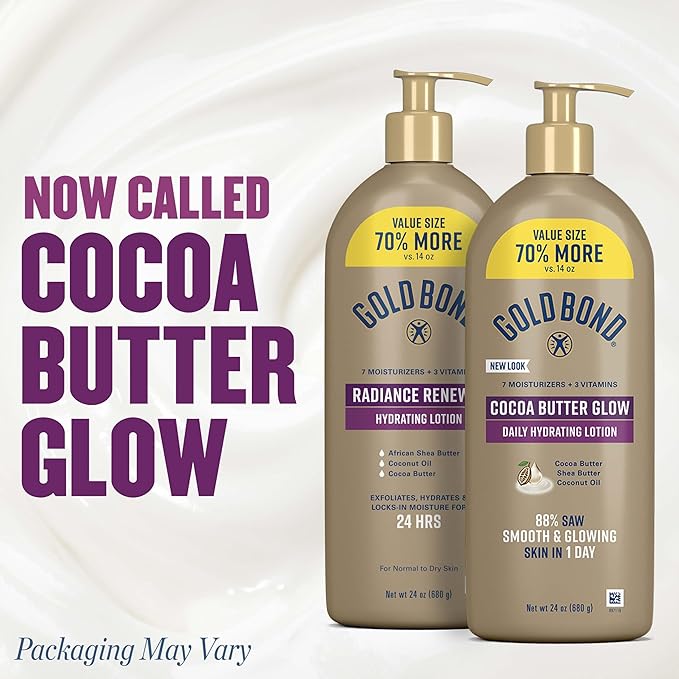 Gold Bond Cocoa Butter Glow Daily Hydrating Lotion with Shea Butter, Cocoa Butter & Coconut Oil, Exfoliating Moisturizer for Dry Skin, 24 oz.