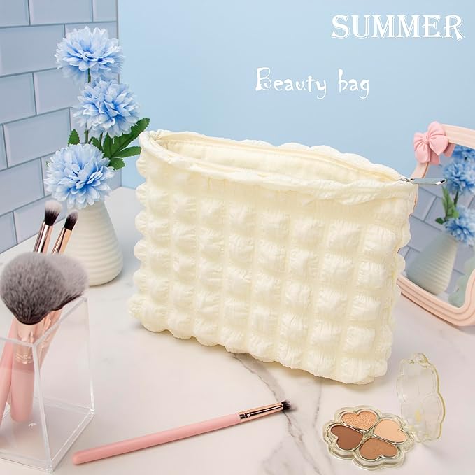 PAZIMIIK Floral Makeup Bag Large Cotton Zipper Pouch for Purse Travel Canvas Make Up Organizer for Women Cosmetic,Bubble Beige