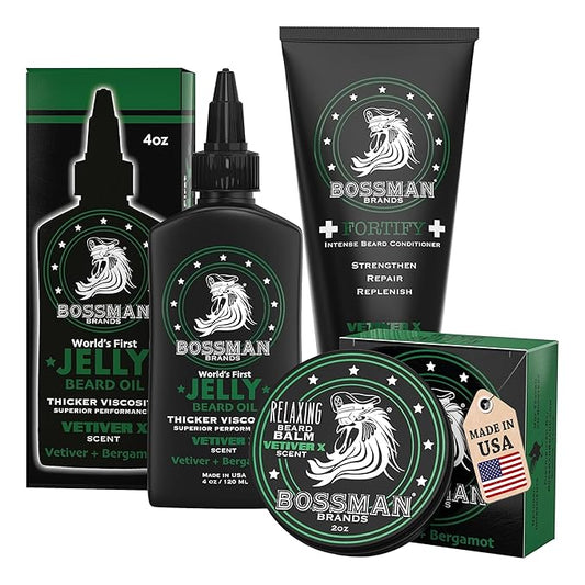 Bossman Essentials Beard Kit for Men – Beard Oil Jelly, Fortifying Conditioner Cream & Beard Balm – Grooming Care Accessories (Vetiver X Scent)