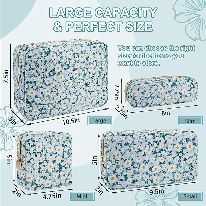 Waterproof Small Floral Pencil Case Makeup Bag for Purse,Cute Flower Pencil Pouch Preppy Nylon Makeup Brush Holder with Zipper,Girls Portable Storage Case for Work(Slim Green-Daisy)