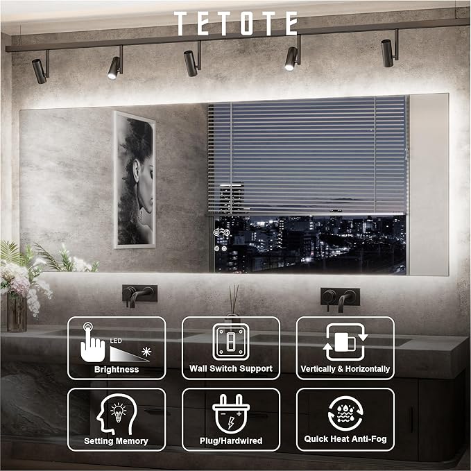 TETOTE 40 x 28 Inch LED Mirror Backlit Bathroom,Anti-Fog Mirror with Light,Dimmable,CRI90+,IP54 Water Proof,Wall Mounted Vanity Lighted,Horizontal/Vertical