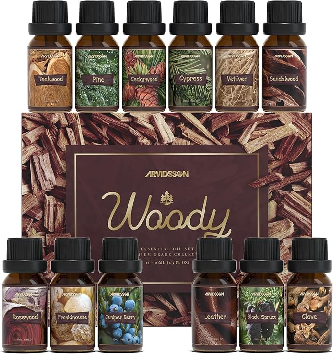 Woody Essential Oils Set, ARVIDSSON Natural Fragrance Oils Gift Set, 12 x 10ml Woodsy Essential Oil for Diffuser - Cedarwood, Sandalwood, Pine, Cypress, Frankincense, Juniper Berry, Clove
