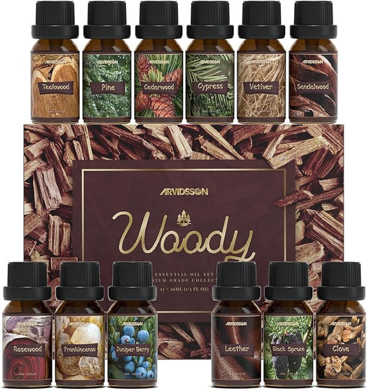 Woody Essential Oils Set, ARVIDSSON Natural Fragrance Oils Gift Set, 12 x 10ml Woodsy Essential Oil for Diffuser - Cedarwood, Sandalwood, Pine, Cypress, Frankincense, Juniper Berry, Clove