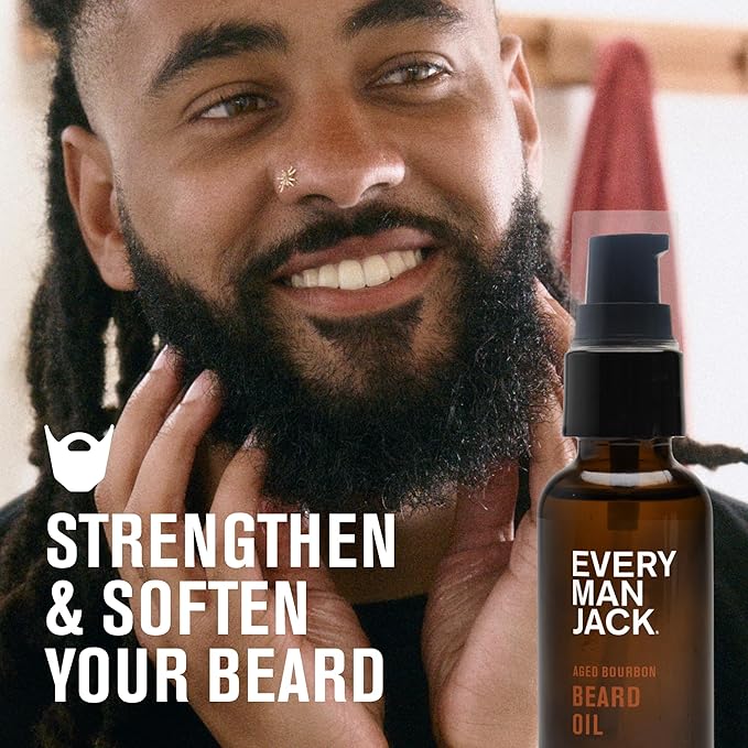 Every Man Jack Mens Beard Oil - Aged Bourbon Fragrance - Deeply Moisturizes and Softens Your Beard and Adds a Natural Shine - Naturally Derived with Shea Butter and Argan Oil - 1 fl oz