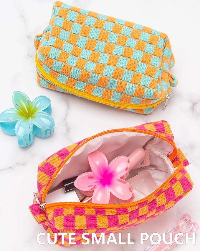 PAZIMIIK Checkered Makeup Bag for Purse Portable Zipper Make Up Pouch Small Cosmetic Case for Travel Red Orange