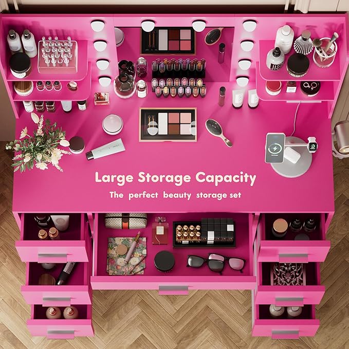 YESHOMY Vanity Desk with Mirror, Power Outlet and 10 Lights, Makeup Table with 7 Drawers, 3 Color Modes Available for Bedroom, Rose Red