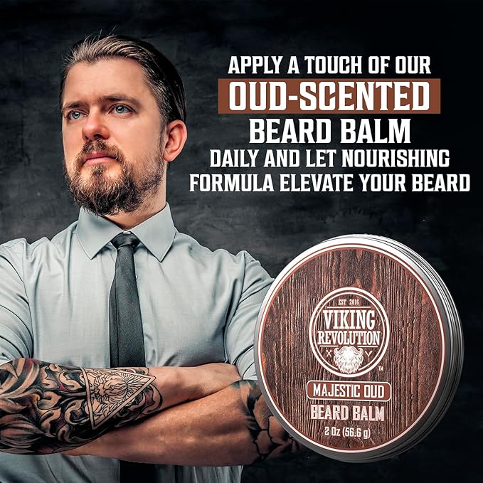 Viking Revolution Majestic Oud Beard Balm - Argan & Jojoba Beard Butter, Softener & Moisturizer with Beeswax - Wax for Men (2oz, 1 Pack)