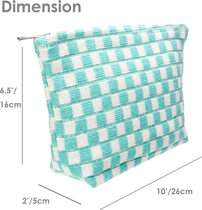 PAZIMIIK Knitted Checkered Makeup Bag Large Zipper Make Up Accessory Pouch for Purse Cosmetic Brush Bag for Travel Essential Arctic Blue
