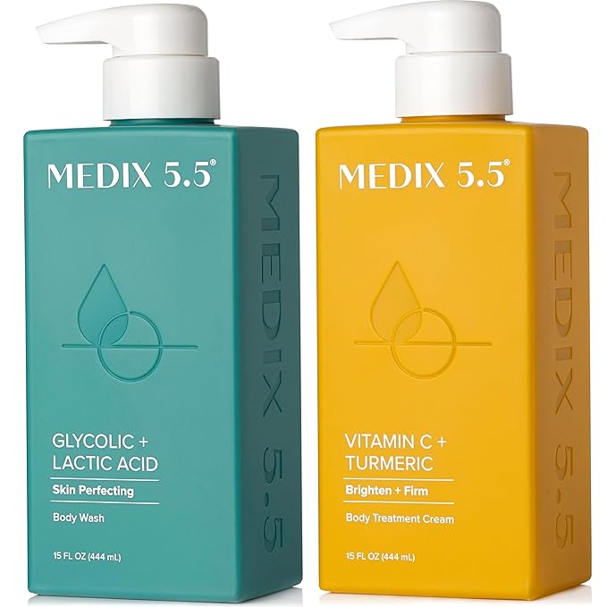 Medix 5.5 Exfoliating AHA Glycolic Acid Face & Body Wash Cleanser + Vitamin C Moisturizing Body Cream Lotion Skin Care 2PC Set | Alpha Hydroxy Acid & Lactic Acid Foaming Face Wash, 2-PC