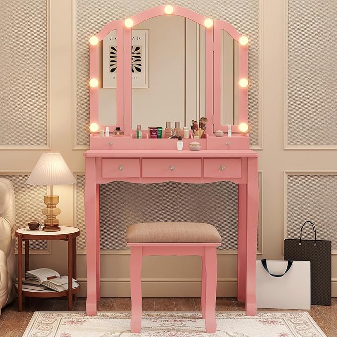 Vanity with Lights Girls Vanity Desk Set with Drawers Makeup Vanity Desk with Mirror and Lights Make Up Pink Makeup Vanity for Girls Table with Stool