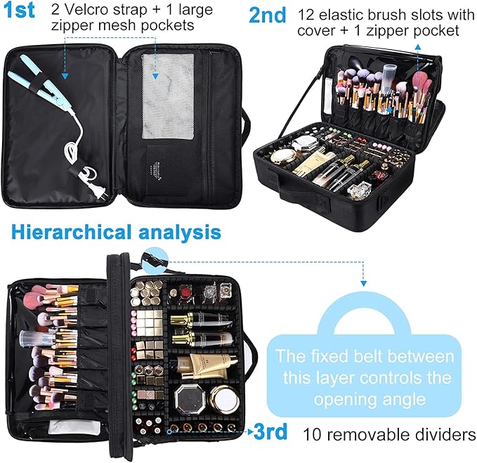 JOURMON Travel Makeup Case Portable Makeup Train Case Organizer Cosmetic Bag with Adjustable Dividers and Shoulder Strap for Makeup Brushes Toiletry Travel Accessories(Pure Black, L)