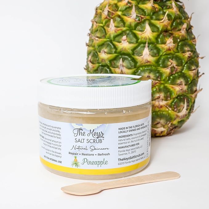 The Keys Salt Scrub -Sea Salt Scrub - Exfoliating Body Scrub with Wooden Spoon - Moisturizing Exfoliator for Hands, Foot, Bath, (12 Ounce (Pack of 1), Pineapple)
