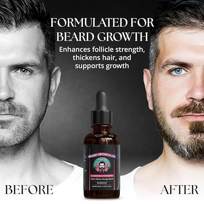 Beard Growth Oil For Men - 5% Minixodil Biotion Pumpkin Seed & Argan Oil DHT Blocker - 30 ml 1.0 fl oz - Sandal Wood Scent - Strengthen Softner Moisturizer Full Beard
