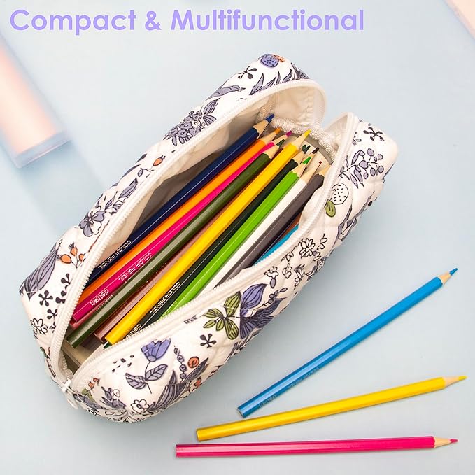 PAZIMIIK Vintage Quilted Makeup Bag Cosmetic Pouch for Brushes Pencils and Travel Make Up Accessories for Women and Girls,Leaf White