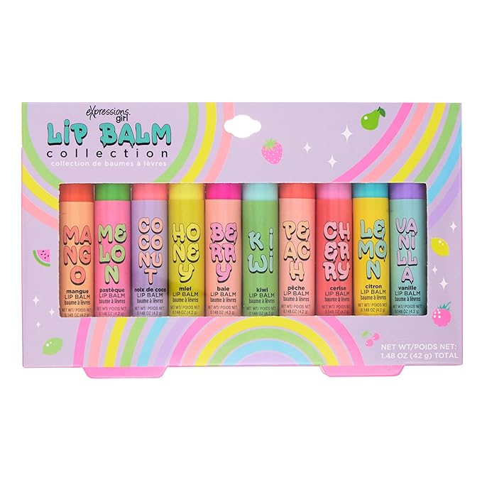 Expressions 10pc Fruity Lip Balm Collection - Hydrating Lip Balms Infused w/Fresh Fruity Flavors - Vitamin Enriched Nourishing Lip Balm Set