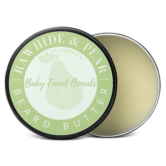 Tuscan Cooper's Baby Faced Beards Butter for Men - Moisturizing Beard Balm Cream and Softener for All Hair Types Including Coarse Hair - 4oz Hydration and Conditioning Care - Rawhide and Pear Scent