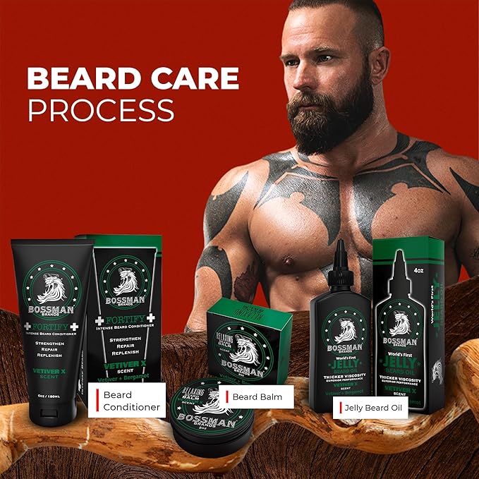 Bossman Essentials Beard Kit for Men – Beard Oil Jelly, Fortifying Conditioner Cream & Beard Balm – Grooming Care Accessories (Vetiver X Scent)