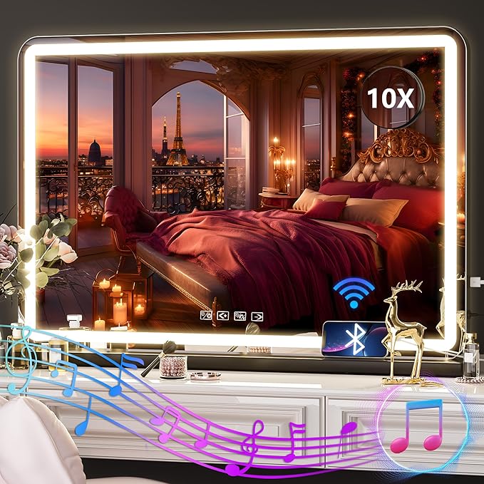 Hasipu Vanity Mirror with Lights and Bluetooth Speaker, 32" x 21.7" LED Makeup Mirror, Lighted Makeup Mirror with Dimmable 3 Modes, USB Charging Port, Round Black