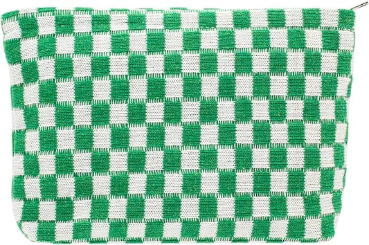 PAZIMIIK Knitted Checkered Makeup Bag Large Zipper Make Up Accessory Pouch for Purse Cosmetic Brush Bag for Travel Essential,Green