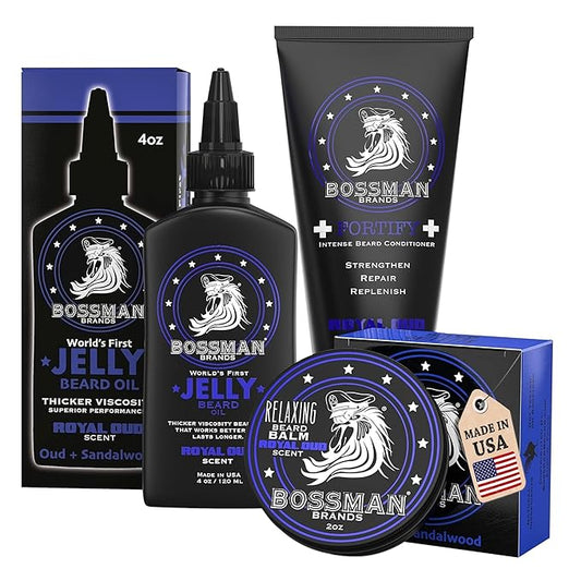 Bossman Essentials Beard Kit for Men, Set of 3 - Beard Oil Jelly, Fortifying Conditioner Cream, Beard Balm - Grooming Growth Care Accessories (Royal Oud)