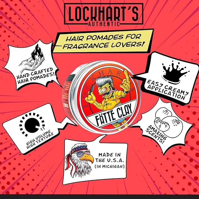 Lockhart’s Fätte Clay - Pomade For Men (3.4oz) – All-Day Hold, Natural Finish, Insane Texture and Volume – Smooth, Easy Application - Wicked Hold Without The Crunchy Hair – Sandalwood Scent