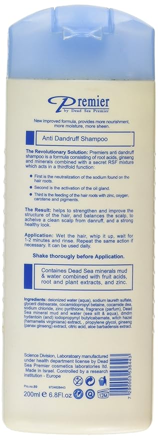 Premier Dead Sea Anti-Dandruff Shampoo Intensive Treatment enriched with Dead Sea Minerals Based on Scientific Concept Against Persistent Dandruff 6.8 Fl. oz