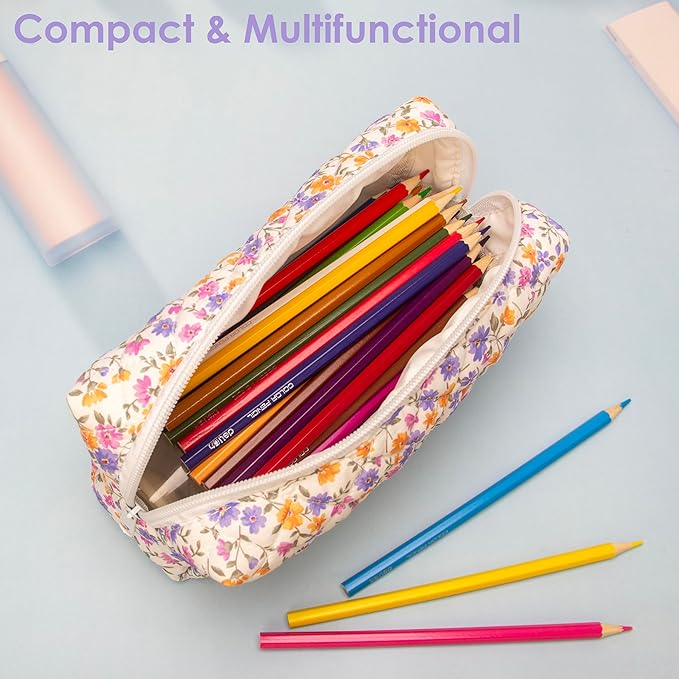 PAZIMIIK Vintage Quilted Makeup Bag Cosmetic Pouch for Brushes Pencils and Travel Make Up Accessories for Women and Girls,Little flower