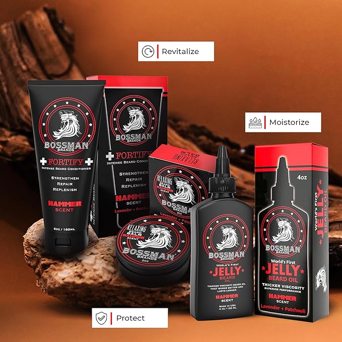 Bossman Essentials Beard Kit - Made in USA - Jelly Beard Oil - Conditioner - Beard Balm - Natural Ingredients (Hammer Scent)