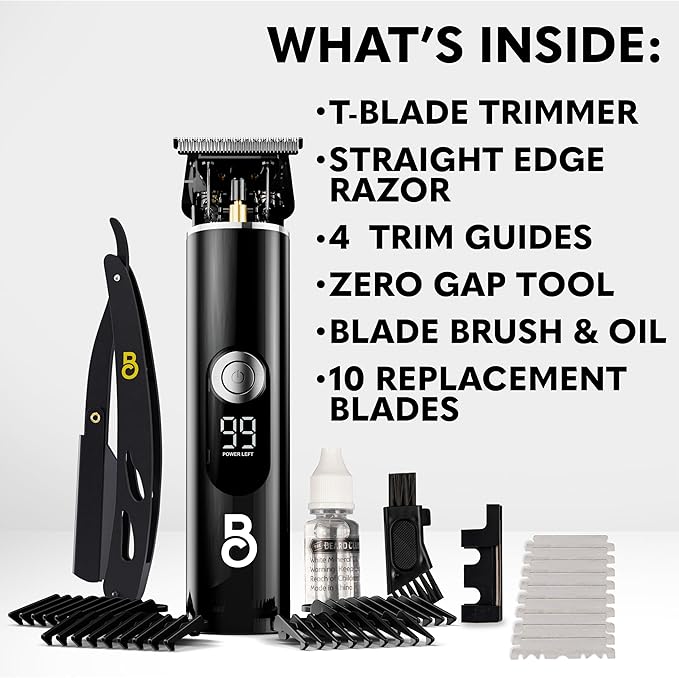 The Beard Club Professional T-Blade Beard Trimmer for Men with Straight Razor - Barber Electric Shaver & Hair Clippers for Men – Zero Gapped Cordless Hair Trimmer & Edger, Line Up Grooming Kit
