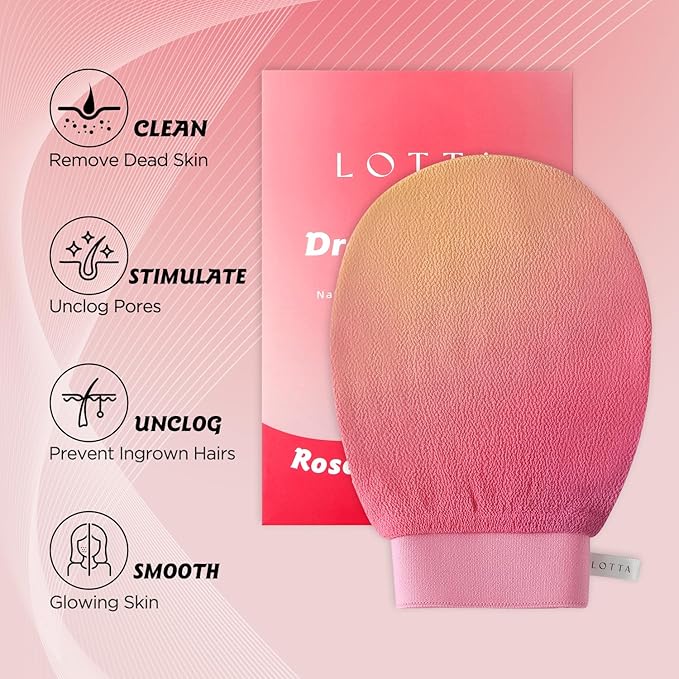 LOTTA Dreamy-Glow Deep Exfoliating Glove - Vegan Dead Skin Removal Body Scrub Mitt Bath Washcloth for Women Shower Exfoliation (Rose Garden)