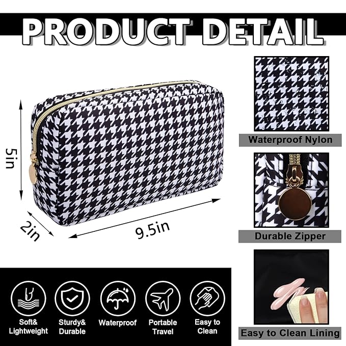 Small Makeup Bag Pouch for Purse，Nylon Travel Toiletry Storage Bag Cute Houndstooth Cosmetic Bag for Women Girls，Waterproof Makeup Organizer Bag Pouch Skincare Bag with Zipper (Small-Houndstooth)