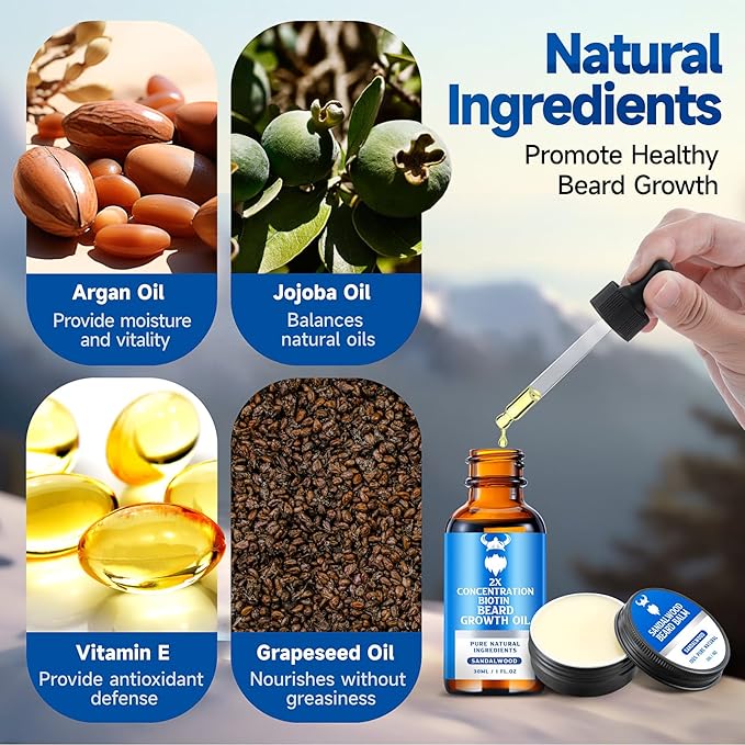 Beard Growth Oil & Beard Balm - Beard Growth Kit with 2X Concentration Biotin for Men, Natural Ingredients with Argan Oil, Jojoba Oil and Vitamin (Sandalwood)