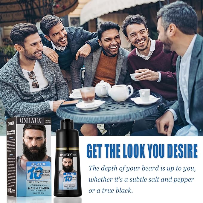 Men's 3-in-1 Black Beard & Hair Dye Shampoo, Instant Grey Darkening Beard Color Shampoo in 10 Minutes, Simpler Gray Reducing Mustache & Beard Dye for Men, with Plant Extract for Healthy Facial Hair