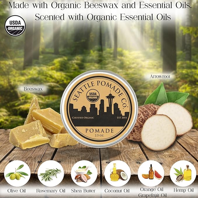 Seattle Pomade Co. USDA Certified Organic Pomade. Medium Hold & High Shine, Hair Styling Formula Non GMO, Made with organic materials from around the world.
