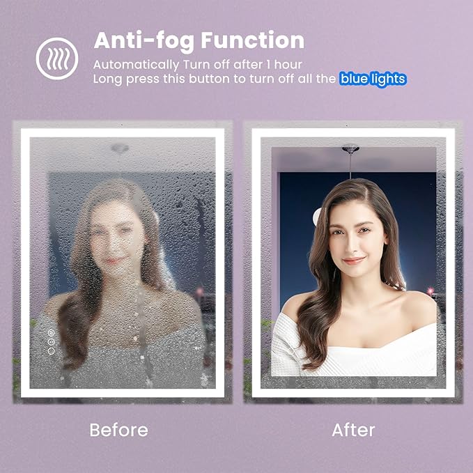 Amorho LED Mirror for Bathroom 28X36 Inch with Backlight and Front Lit, Fogless Mirror for Wall Mounted, Dimmable, 3 Colors, Memory