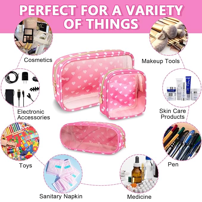 Clear Small Makeup Bag with Zipper, Nylon&PVC Cosmetic Travel Bag Preppy TSA Approved Toiletry Bag for Women Girls, Transparent Waterproof Makeup Pouches Cute Travel Bag for Purse(Small-Pink Heart)