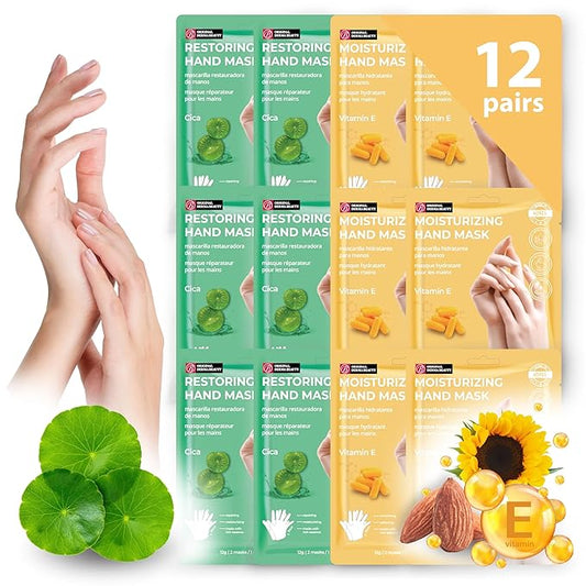 12 Pairs Original Derma Beauty Hand Mask Bulk, Moisturizing Hand Gloves for Dry Hands, Nail Care Essential (Cica + Vitamin E)
