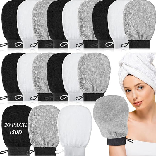 20 Pcs Exfoliating Glove Bulk Summer Exfoliator Mitt Body Scrubber 150d Viscose Fiber Deep Skin Korean Scrub Mitt for Spa Massage Dead Skin Remover for Men and Women(Black, White, Gray)