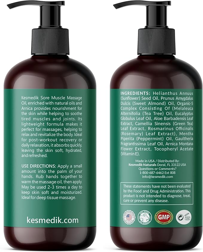 Sore Muscle Massage Oil for Massage Therapy with Arnica, Eucalyptus & Tea Tree Oil Blend for Deep Muscle Relief, Recovery, Softens Skin & Anti-Cellulite Massage for Professional & Home Use, 2-Pack
