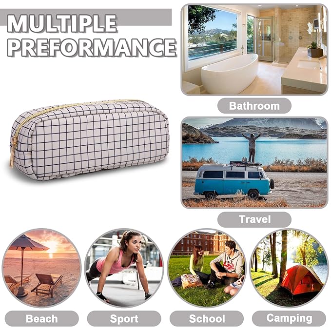 Small Pencil Case Makeup Bag for Purse, Cute Pencil Pouch Nylon Preppy Checkered Makeup Brush Bag with Zipper, Girls Portable Stationery Storage Case Small Pen Bag for Office School(Slim-Checkered)