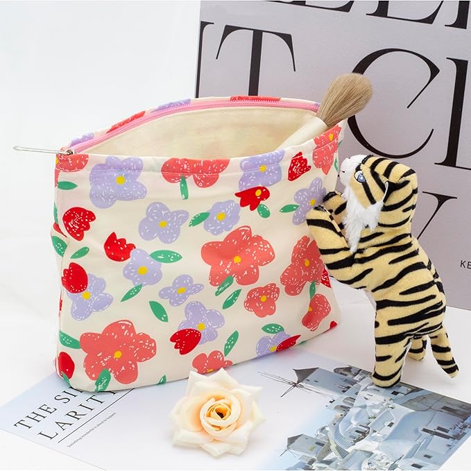 Floral Makeup Bag Large Cotton Zipper Pouch for Purse Travel Canvas Make Up Organizer for Women Cosmetic,Flower Pink